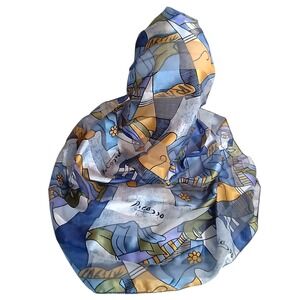 Picasso Abstract Cubist Face Print Scarf Blue Gold Sheer Art Scarf 34" Vintage